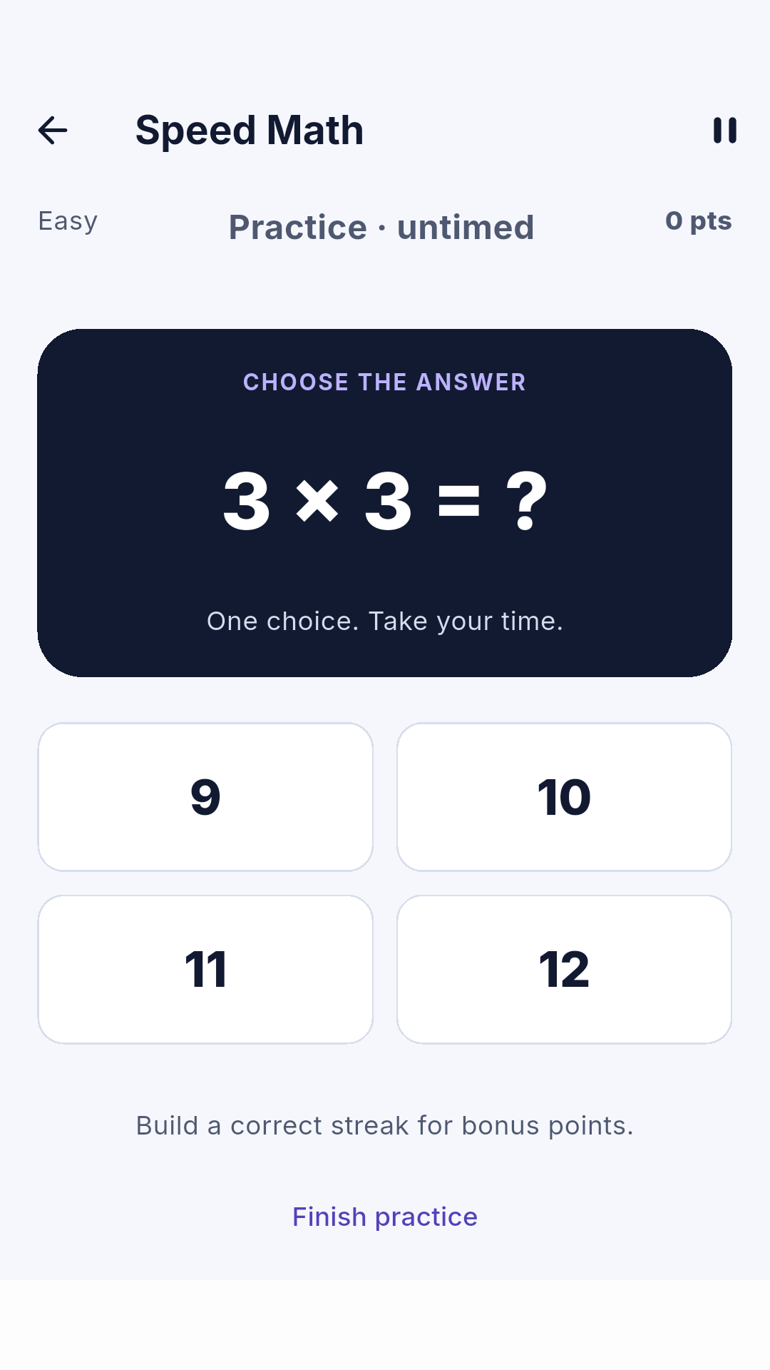 Speed Math question with four answers in untimed practice