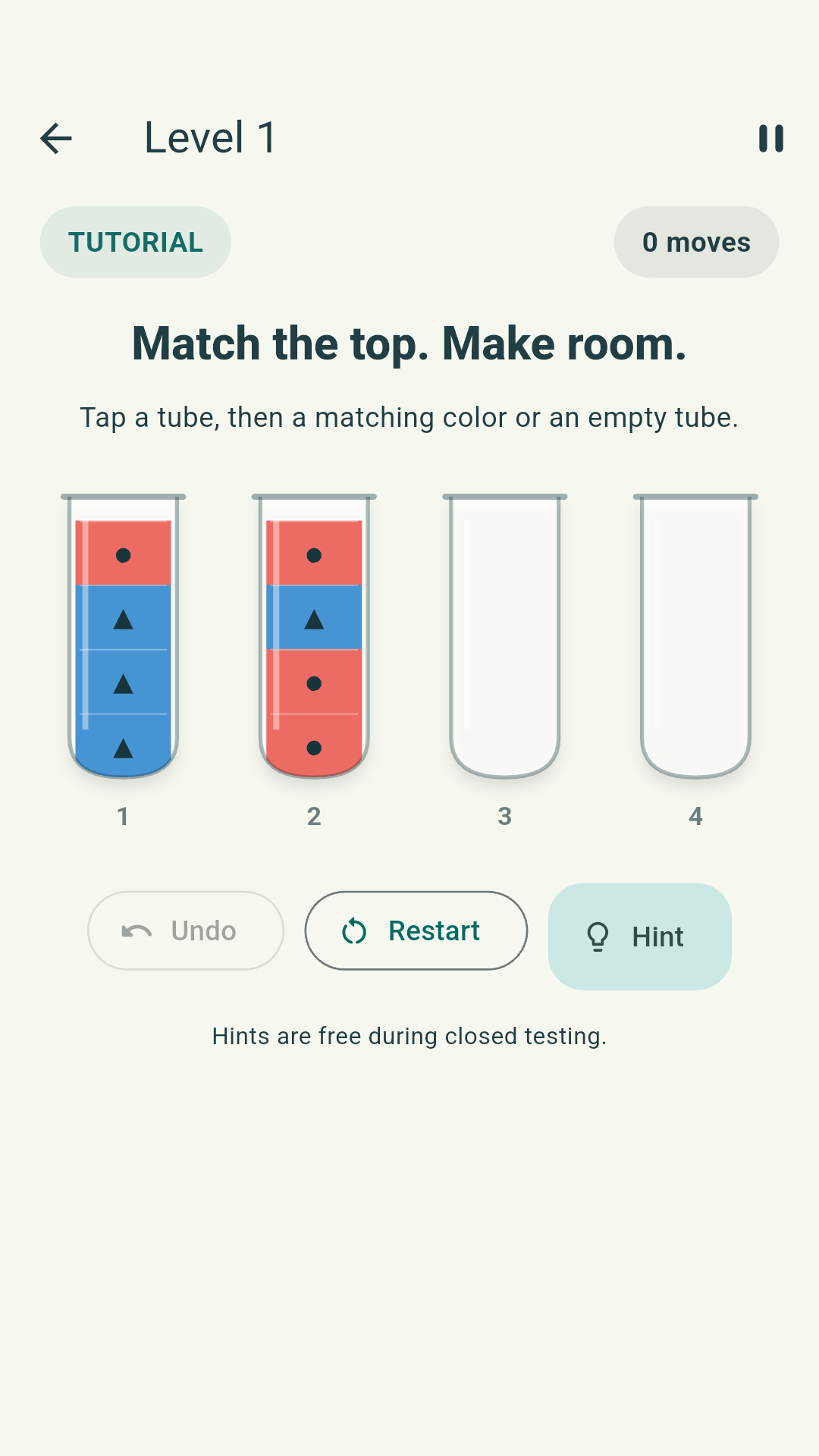 SortZing puzzle with colorful tubes, undo, restart and hint controls